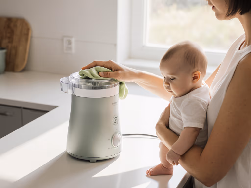 caregiver_cleaning_appliance_with_one_hand_while_holding_baby
