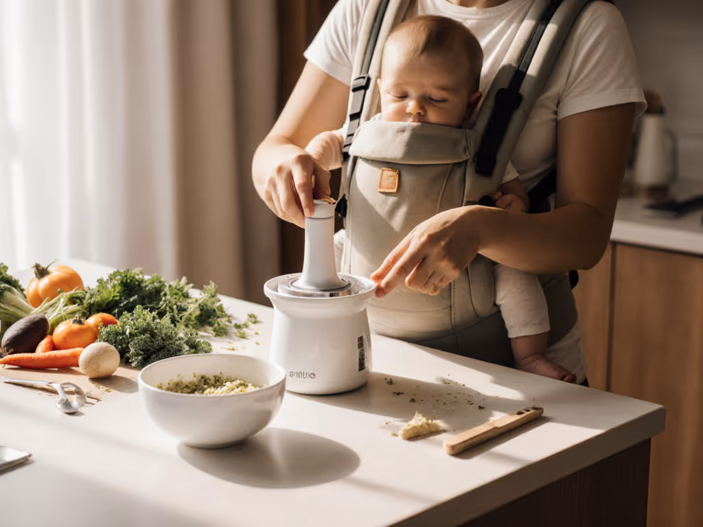 caregiver_using_a_manual_baby_food_mill_with_one_hand_while_holding_a_baby_in_a_carrier